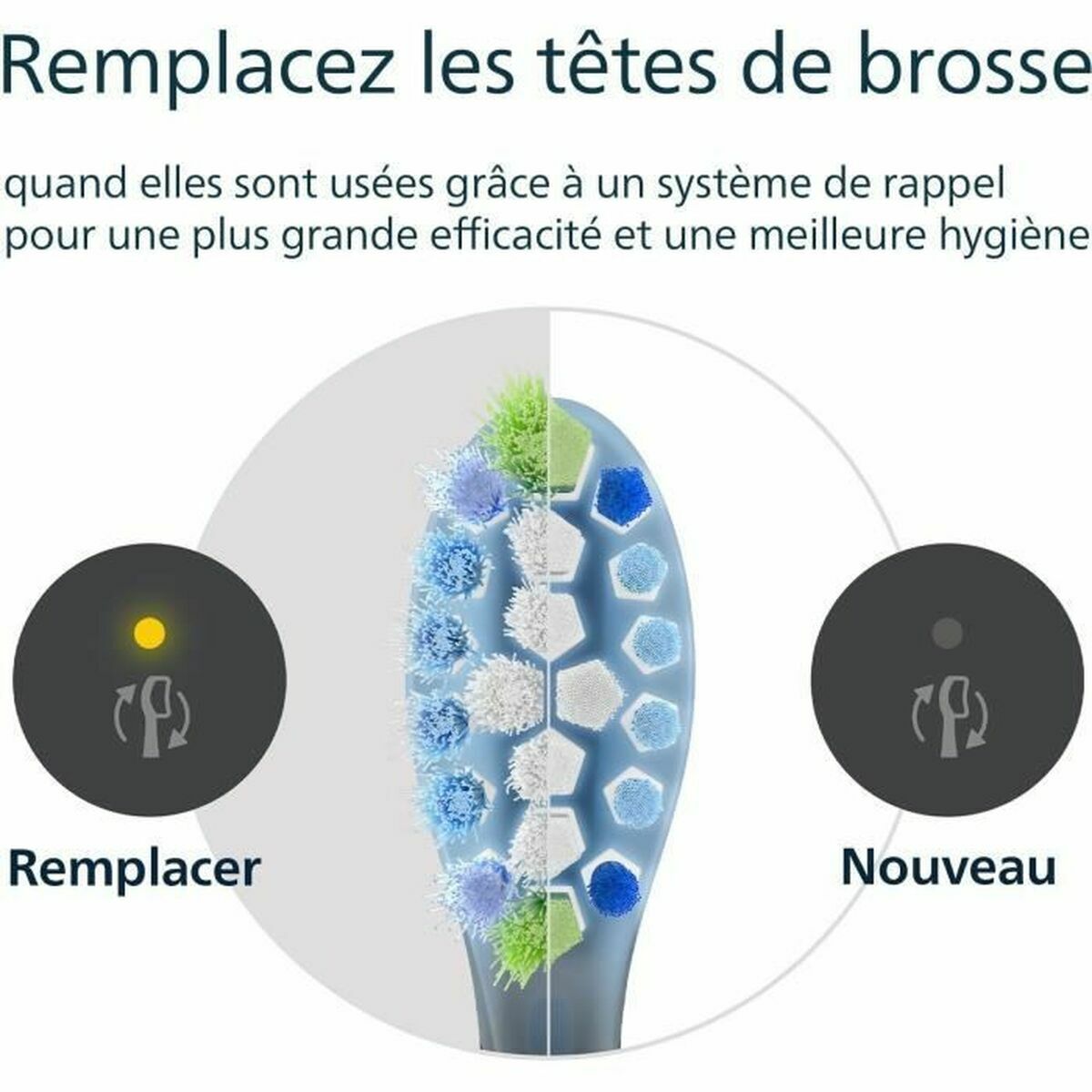 Illustration montrant la comparaison entre une tête de brosse usée et une nouvelle pour une meilleure hygiène dentaire.