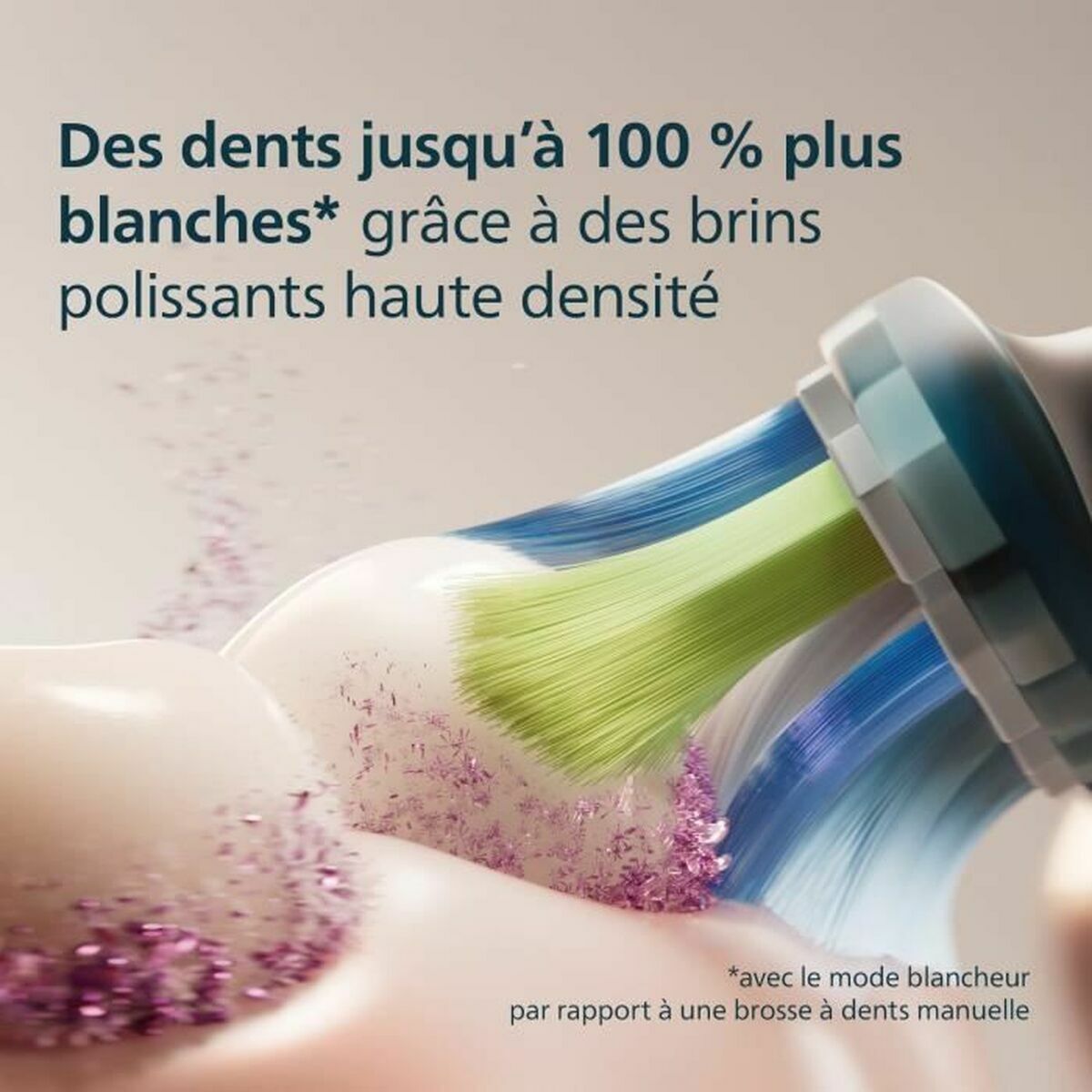 Brosse à dents Philips avec brins polissants haute densité pour des dents jusqu'à 100% plus blanches.