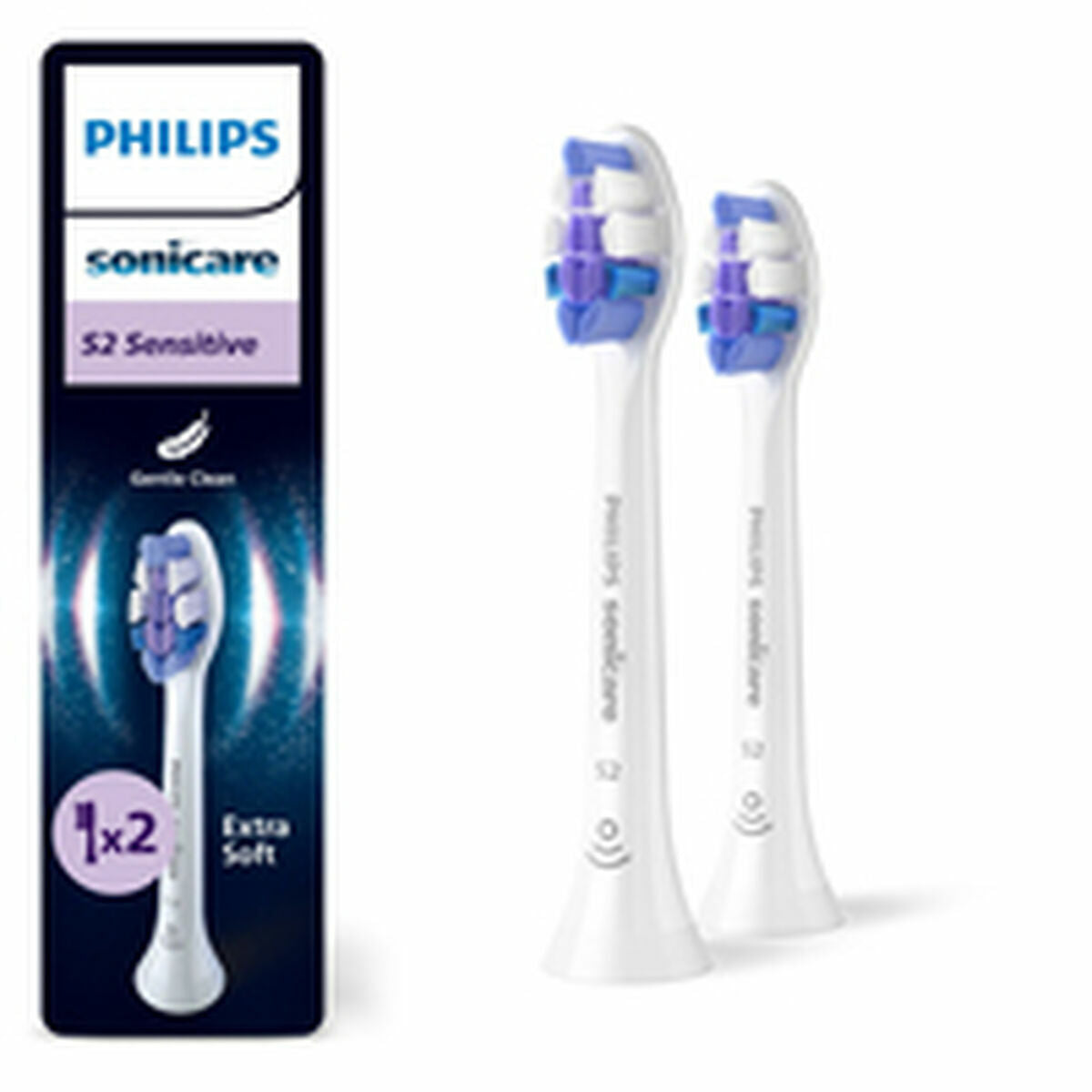 Têtes de rechange Philips HX6052/87, extra douces, collation de 2 unités, idéal pour une hygiène buccale optimale.