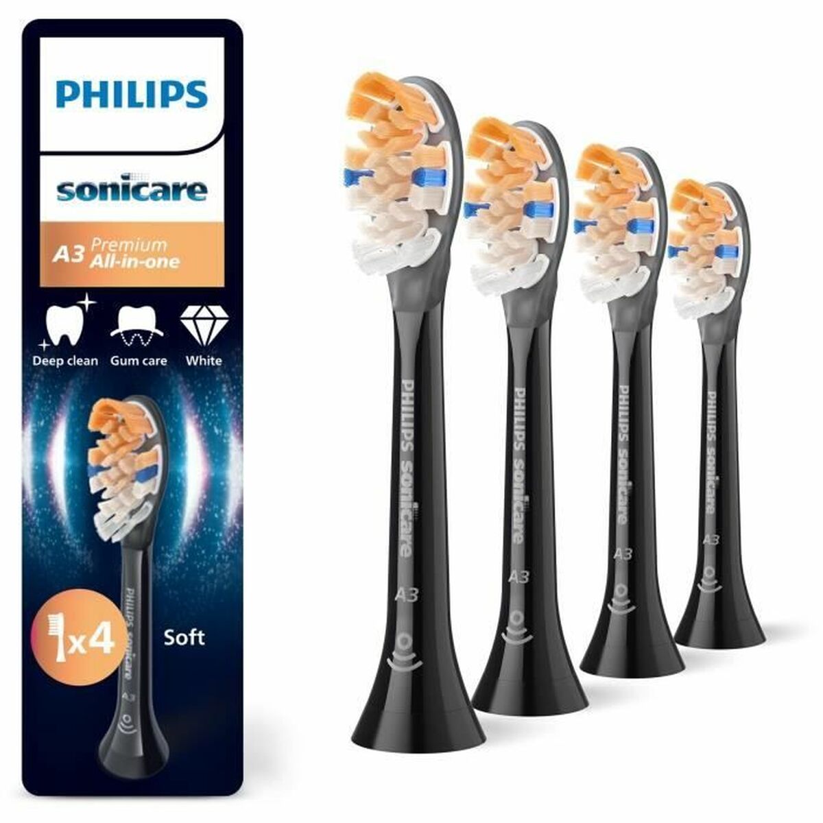 Tête de rechange Philips Noir A3, pack de 4 unités, brosse douce pour un nettoyage optimal, compatible Sonicare.