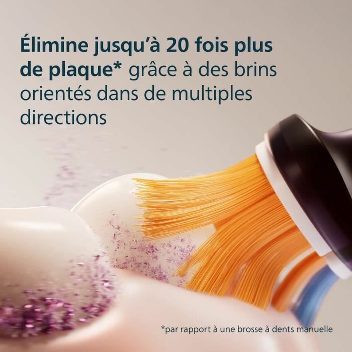 Image showcasing a toothbrush eliminating plaque with bristles oriented in multiple directions for effective cleaning.