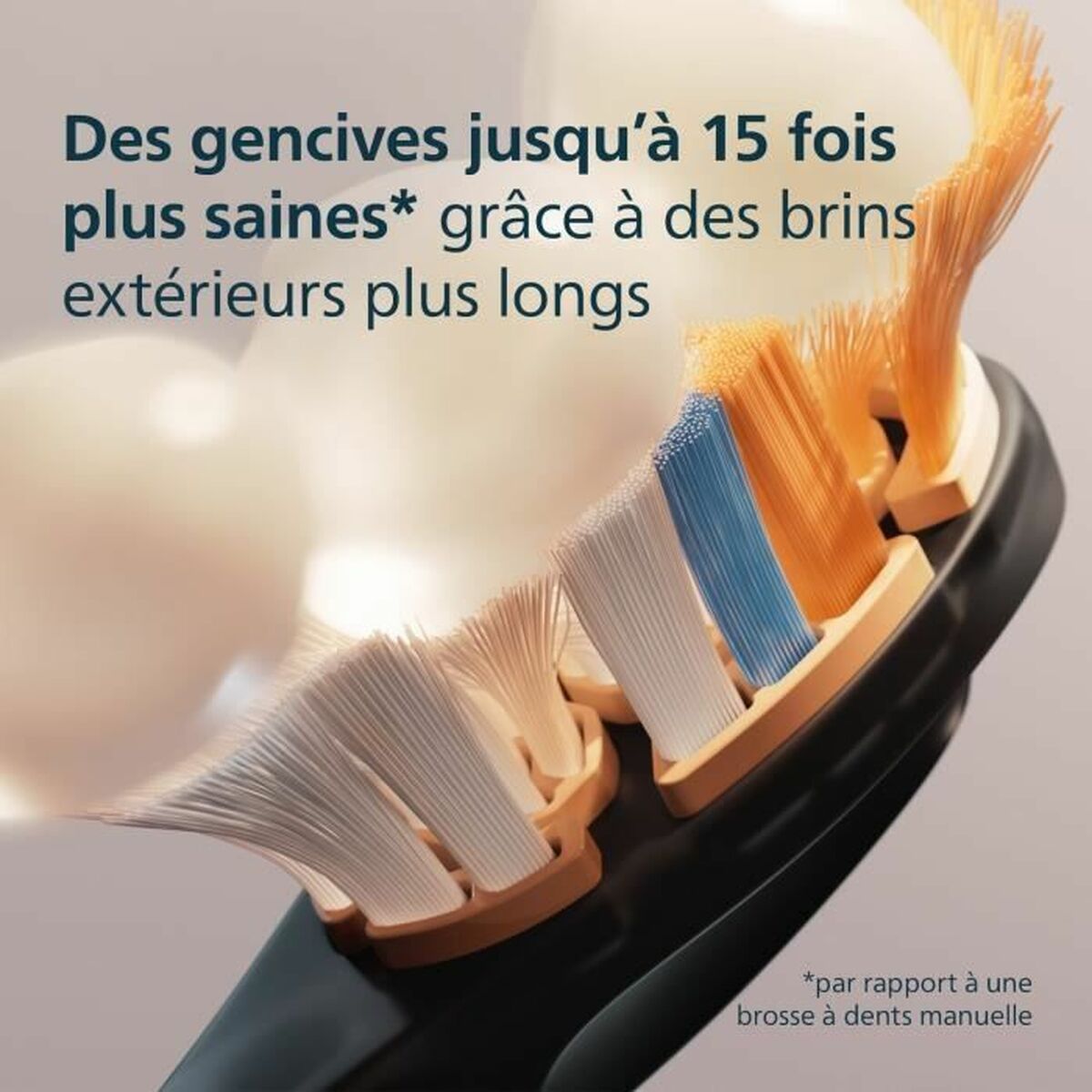 Tête de brosse à dents montrant des brins plus longs pour des gencives plus saines, avec mention de 15 fois plus efficaces.
