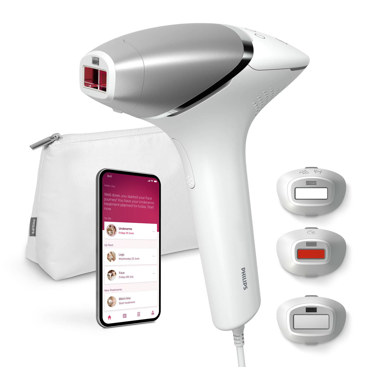 Épilateur à lumière pulsée Philips BRI946/00 avec accessoires et application mobile, couleur blanche, facile à utiliser.