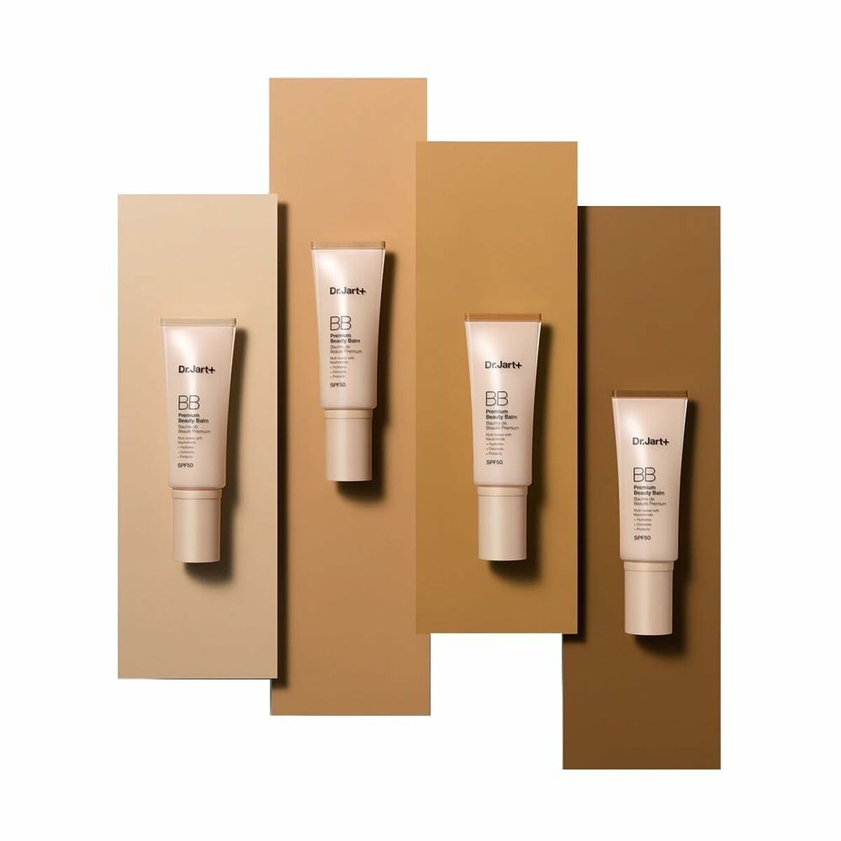 DR.JART+ BB Cream tubes displayed on color backdrops in various shades.