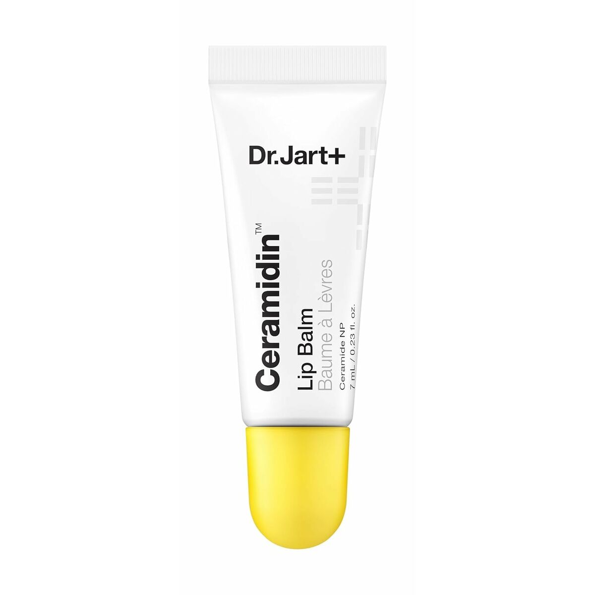 Dr.Jart+ Ceramidin Lip Balm tube with yellow cap, moisturizing treatment for dry lips, trendy skincare product.