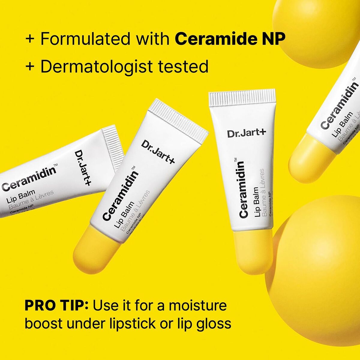 Dr.Jart+ Ceramidin Lip Balm tubes with ceramic NP, dermatologist tested, and pro tip for moisture boost under makeup.