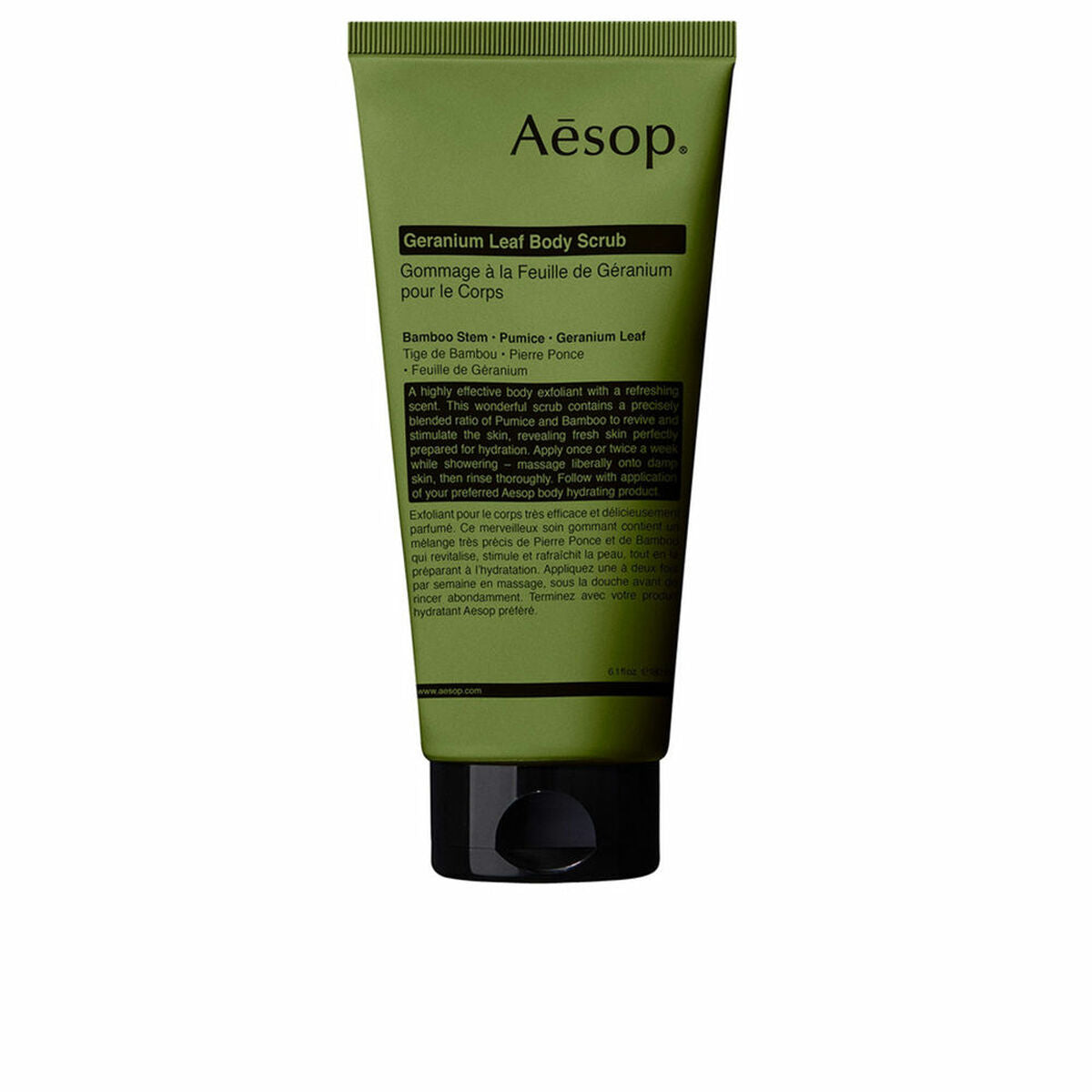 Aesop Geranium Leaf Body Scrub 180ml tube, vegan exfoliant for smooth skin, featuring bamboo stem and pumice.