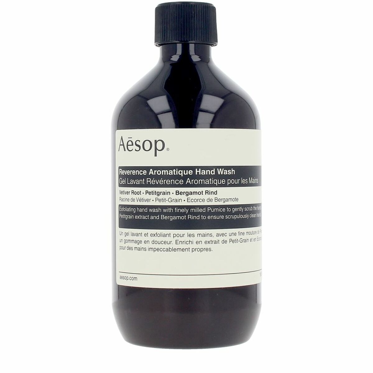 Aesop Reverence Aromatique Hand Wash 500 ml in a black bottle with label detailing ingredients and usage.