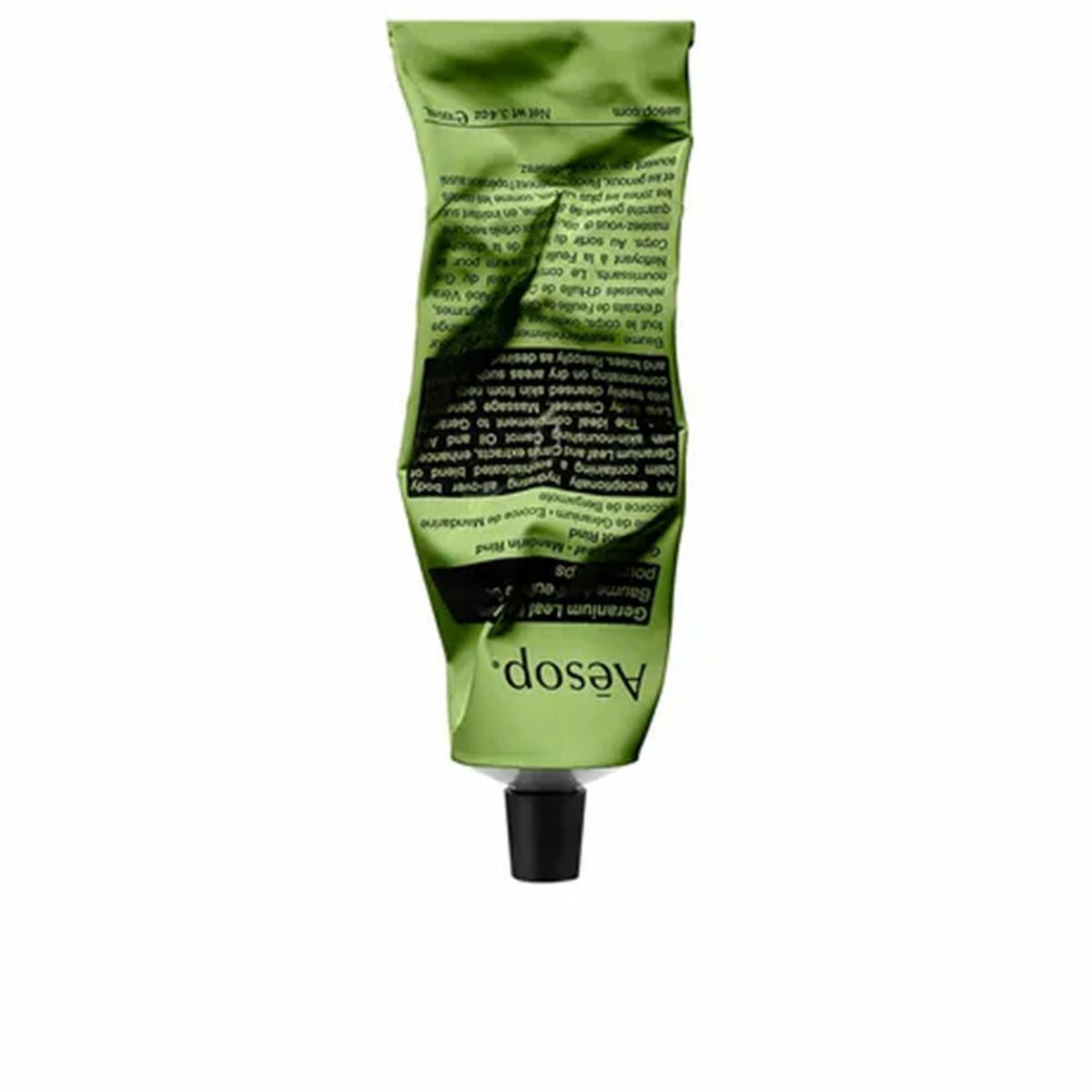 Aesop Geranium Leaf 100ml body lotion tube, featuring a distinctive green packaging and textured surface.