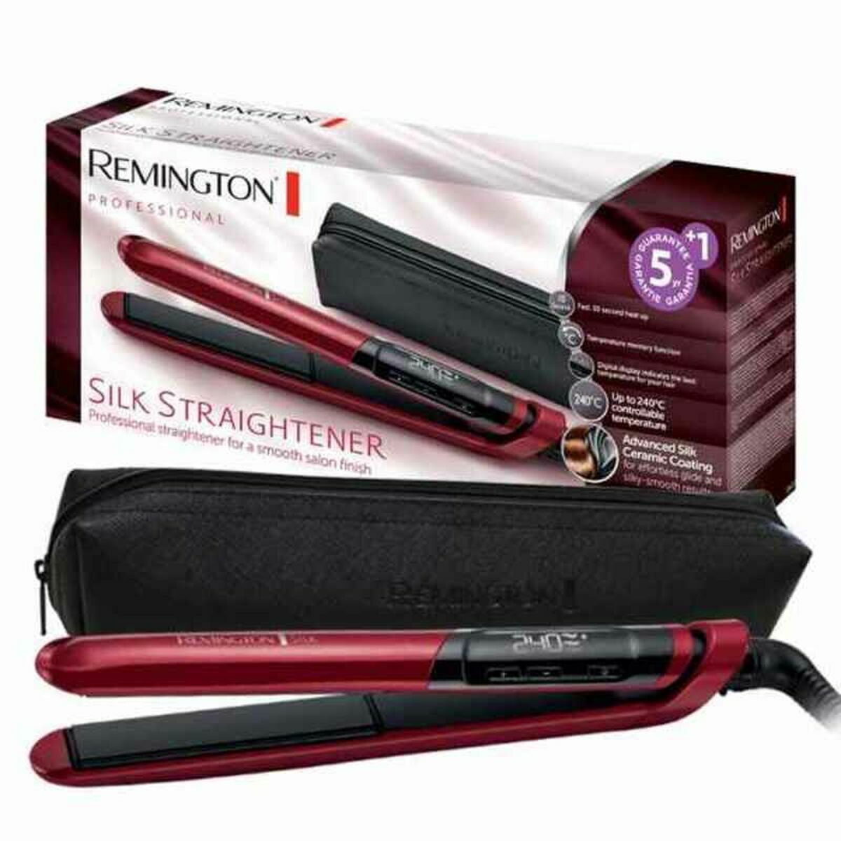 Lisseur à cheveux Remington noir rouge avec étui, pour finition lisse et professionnelle.