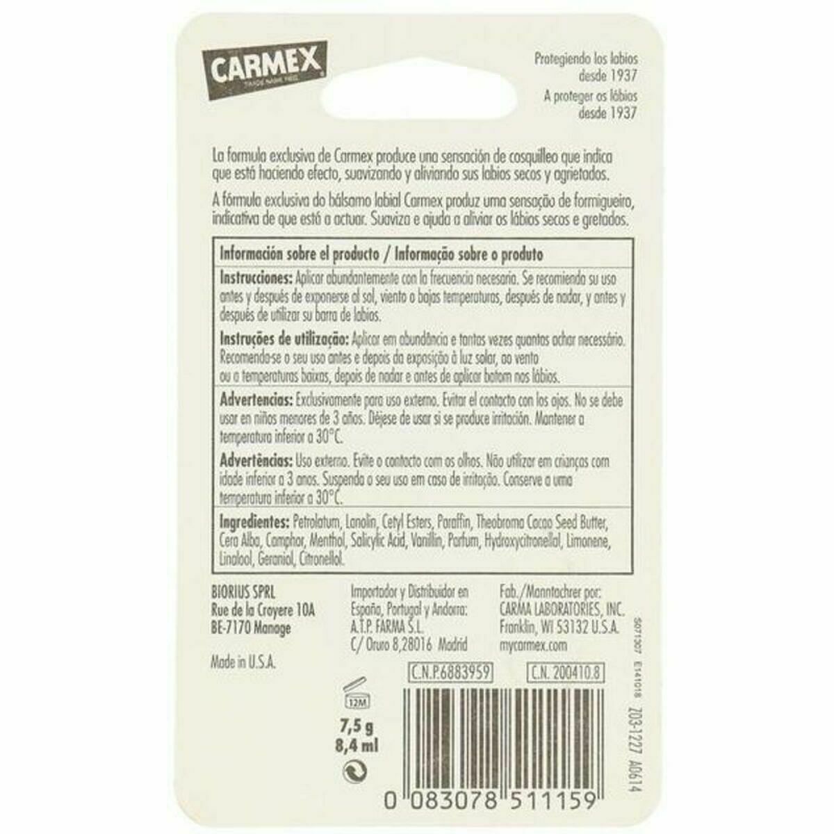 Carmex hydrating lip balm 8ml packaging with instructions and ingredients for lip care.