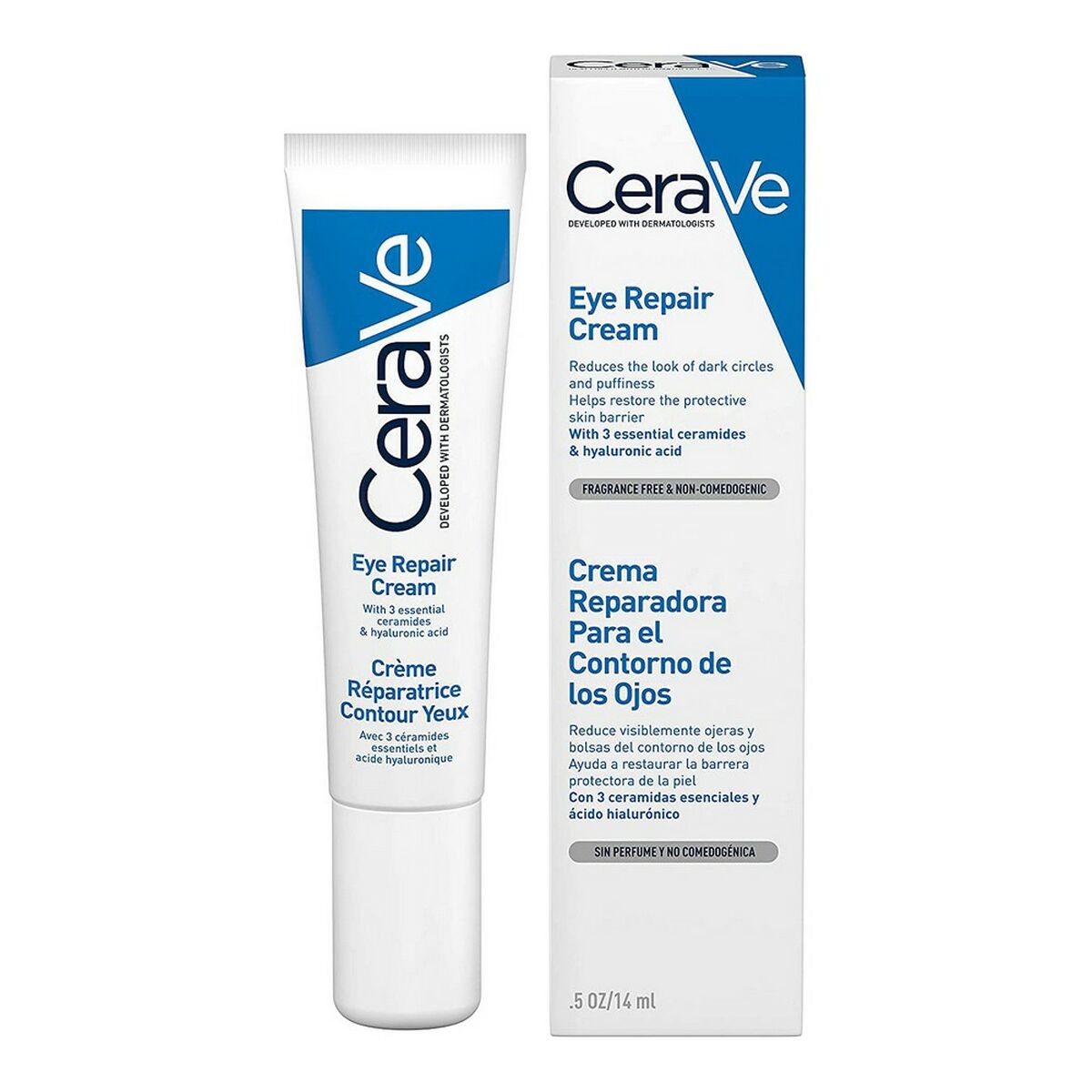 CeraVe Eye Repair Cream tube and box, designed to reduce dark circles and hydrate the eye area with ceramides.
