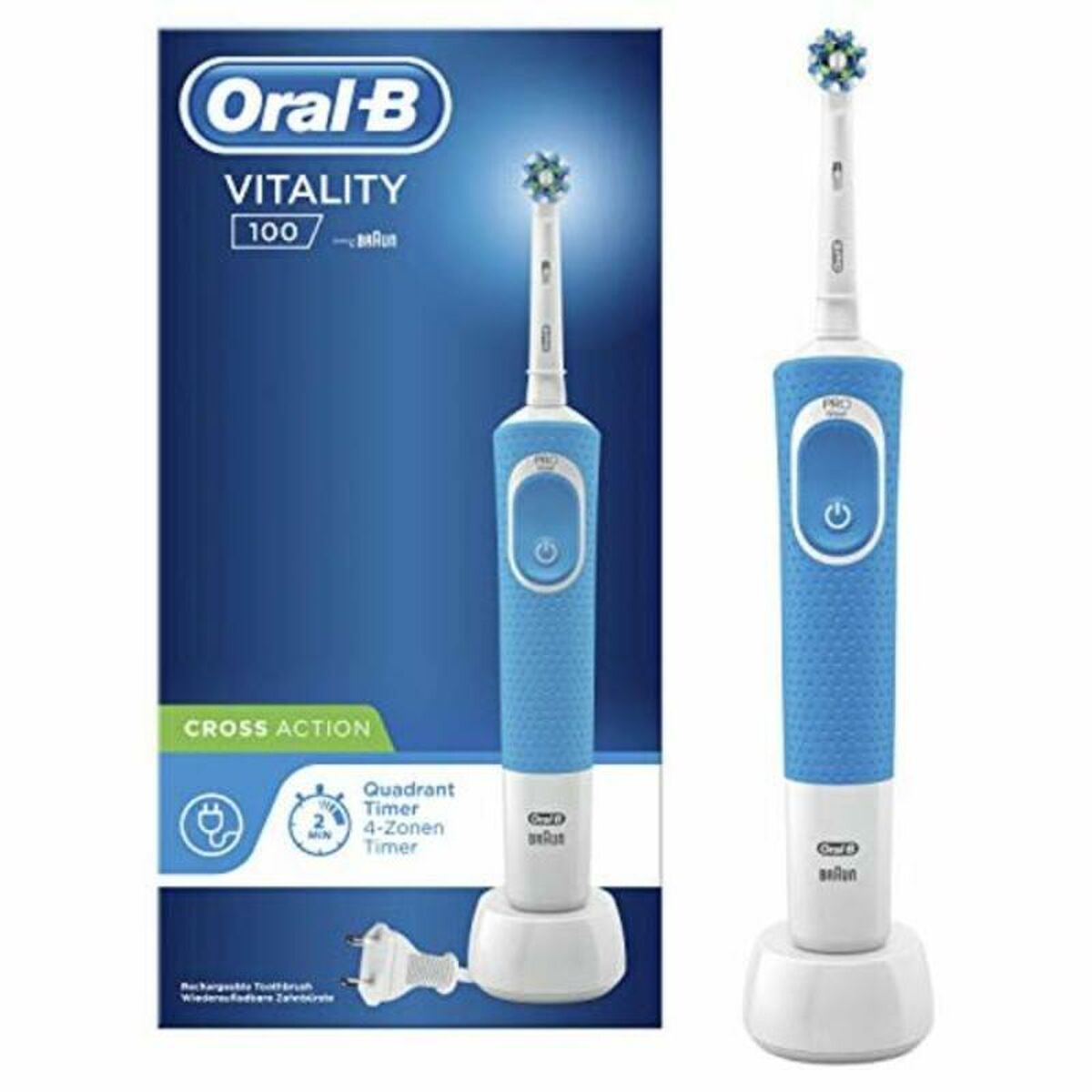 Brosse à dents électrique Oral-B Vitality 100, avec minuterie quadrante et design bleu pour une meilleure hygiène buccale.