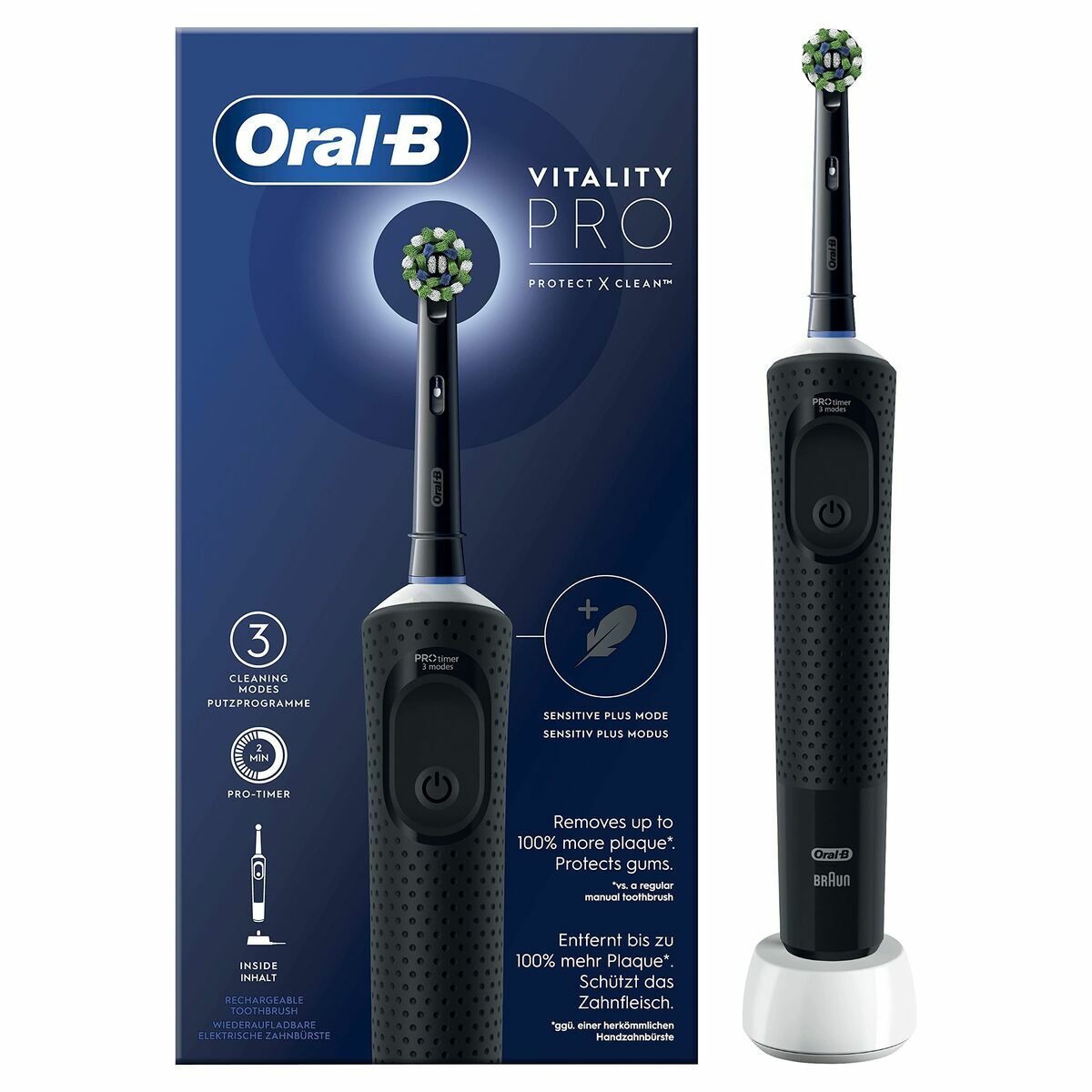 Brosse à dents électrique Oral-B Vitality PRO avec boîte, design noir et mode de nettoyage sensible.