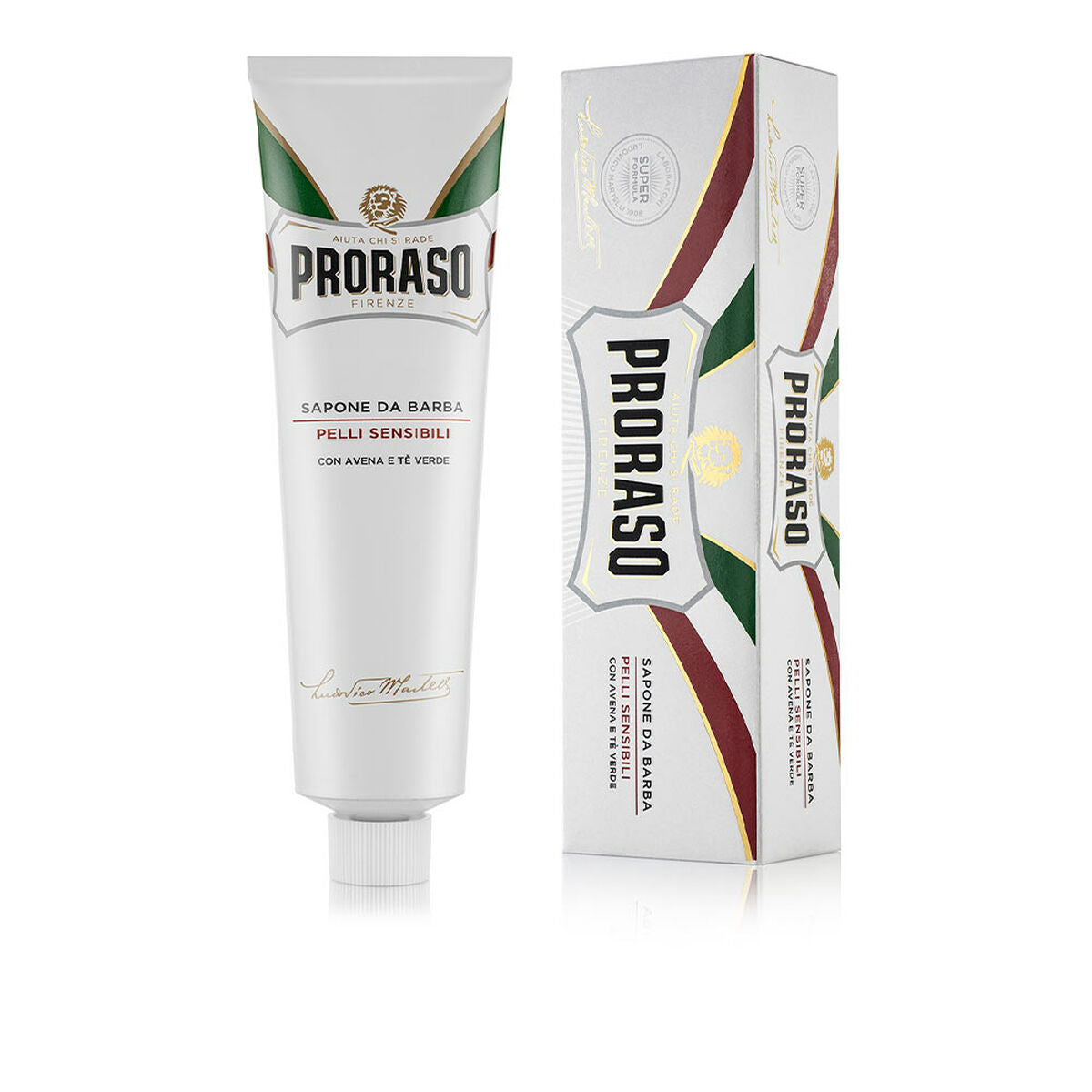 Crème de rasage Proraso pour peaux sensibles, tube et emballage, soin du corps de haute qualité.