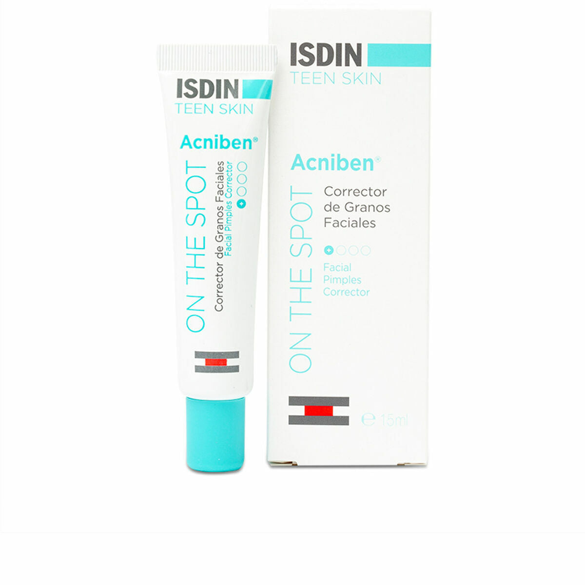 Isdin Acniben On The Spot gel for facial acne correction in a 15ml tube packaging.