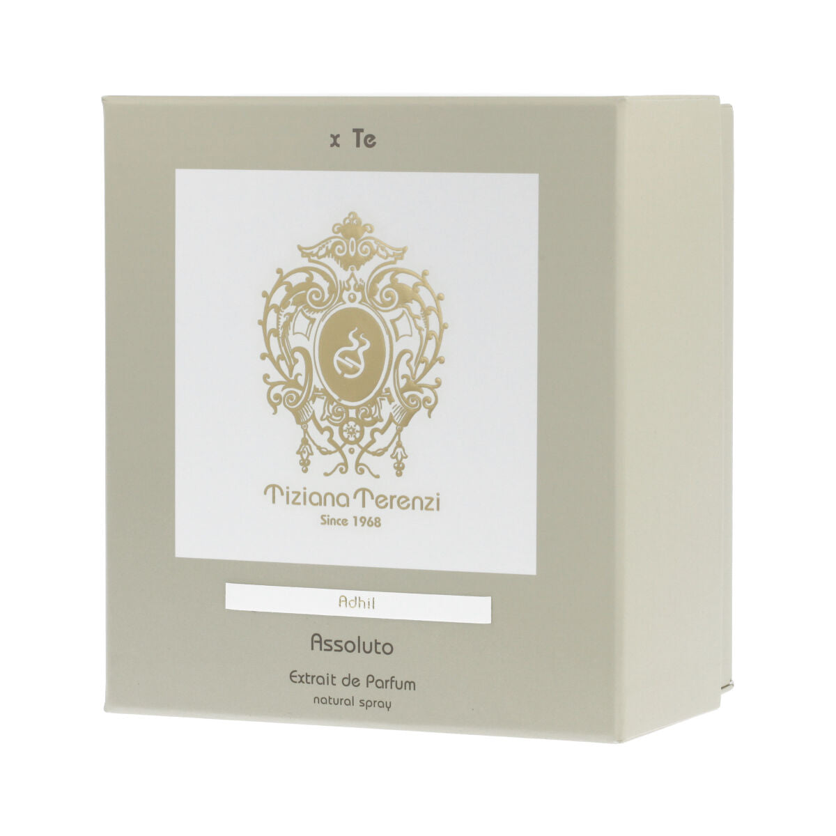 Packaging of Tiziana Terenzi Adhil Assoluto unisex extrait de parfum, showcasing elegant design and brand logo.