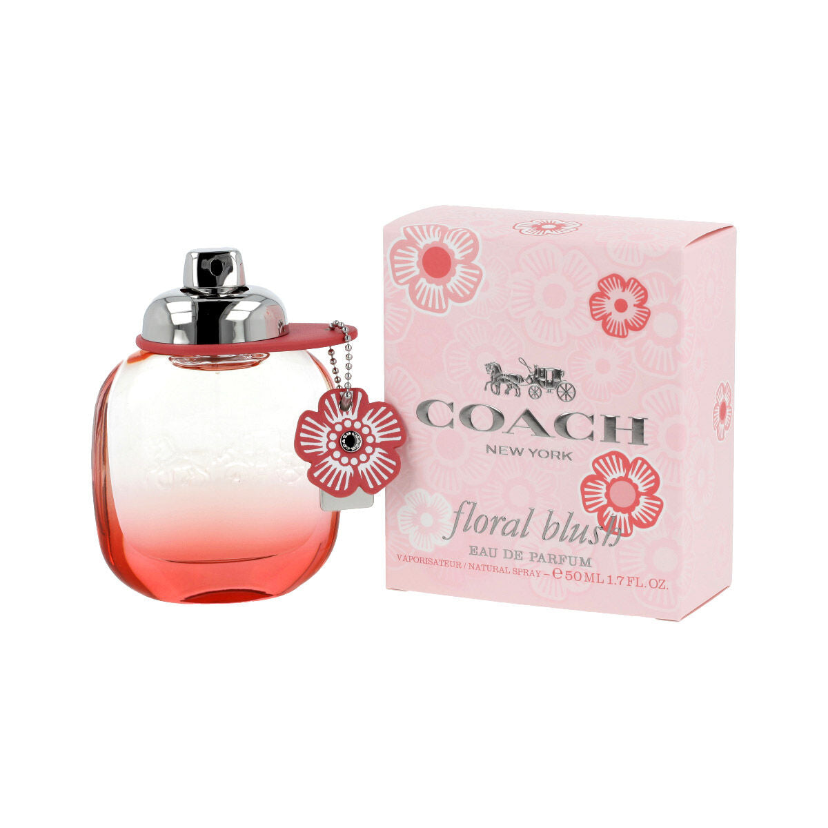 Parfum Femme Coach Floral Blush EDP 50 ml avec flacon rose et boîte décorée de fleurs. Élégant parfum pour femmes.