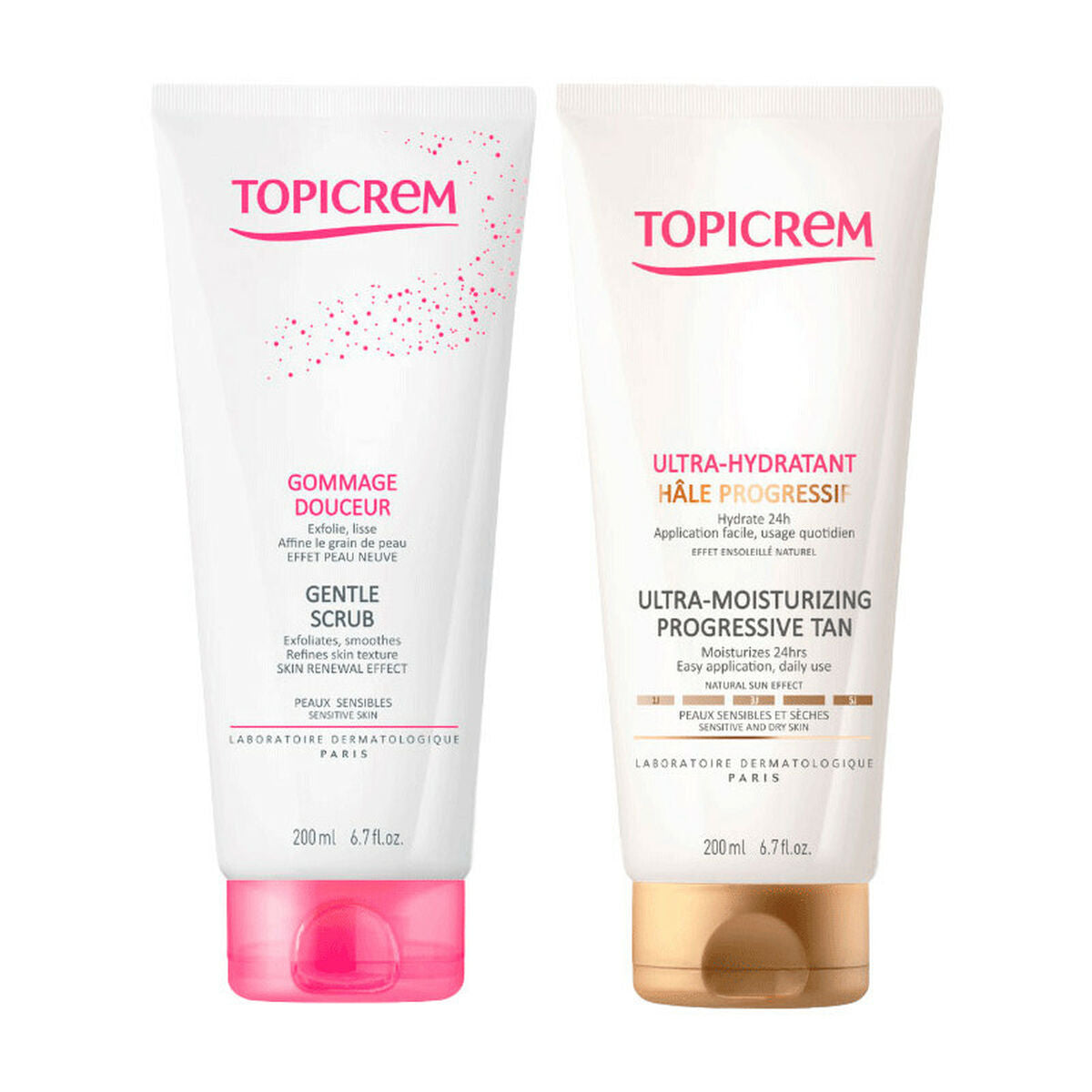 Gommage Douceur and Ultra-Hydratant Hâle Progressif by Topicrem for smooth and bronzed skin, 200ml each.