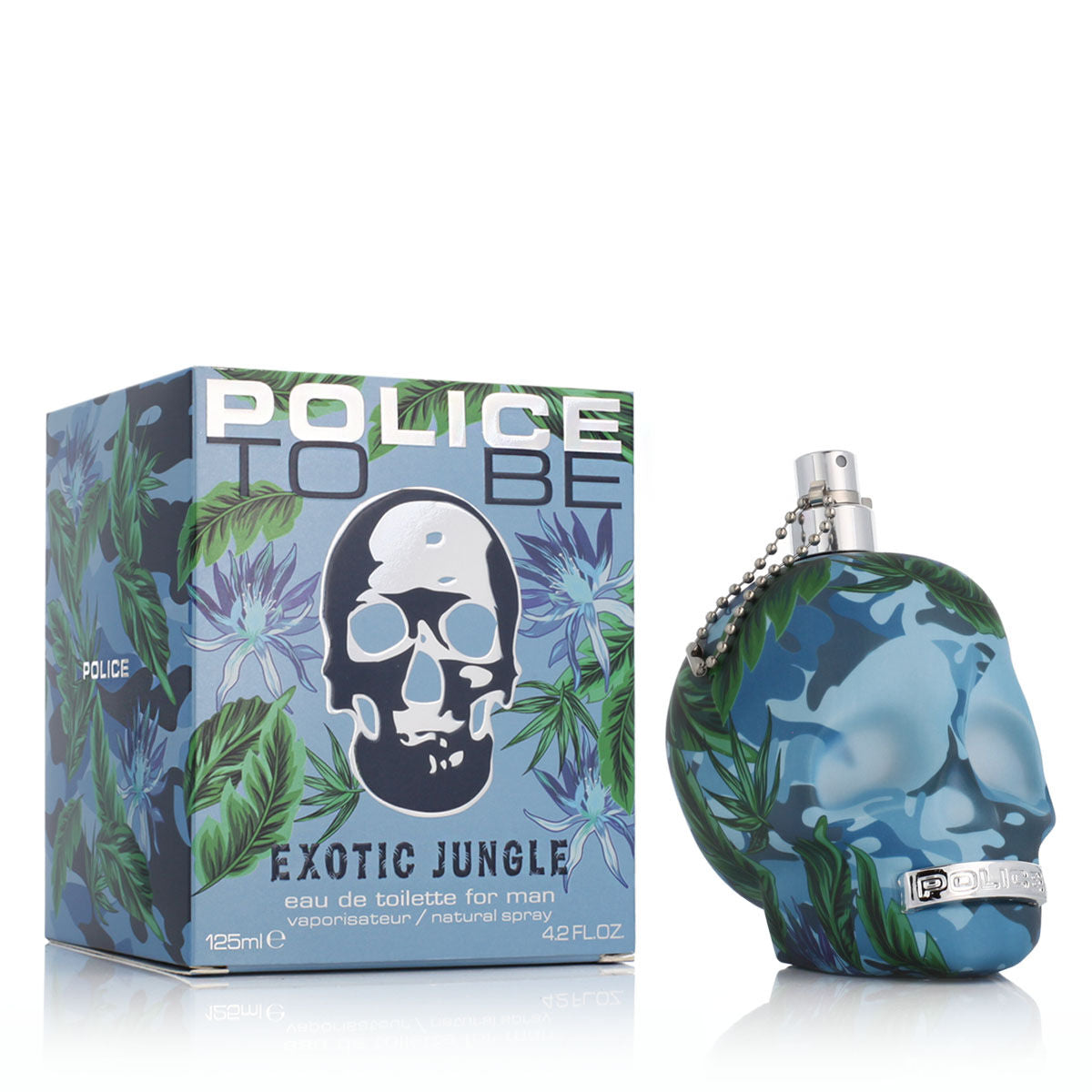 Parfum Homme Police 191028 EDT To Be Exotic Jungle 125ml, featuring a unique skull bottle and vibrant packaging.