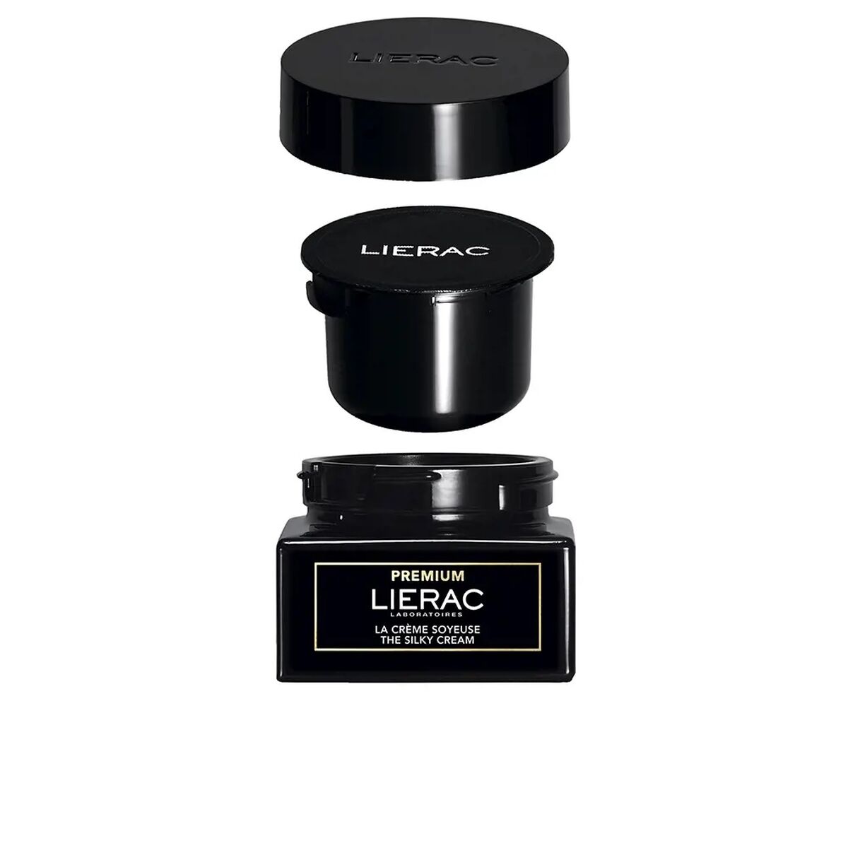 Lierac Premium hydrating cream jar with lid and inner cap, showcasing premium packaging for skincare.