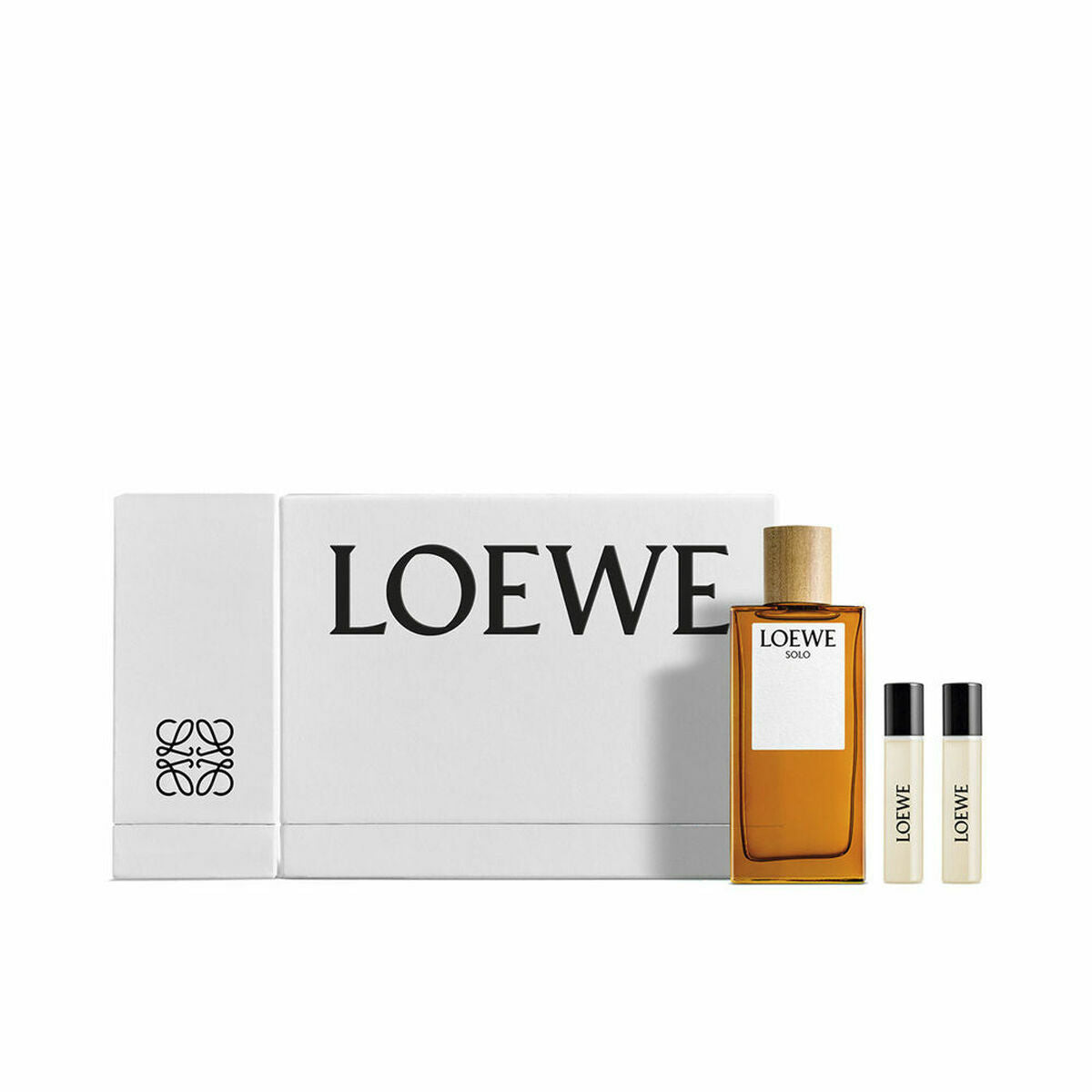 Coffret parfum Homme Loewe Solo 3 pièces avec flacon et échantillons, élégance et authenticité.