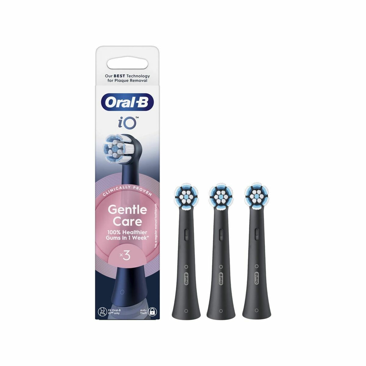 Tête de rechange Oral-B IO Gentle Care en noir, lot de 3, pour une hygiène bucco-dentaire douce et efficace.
