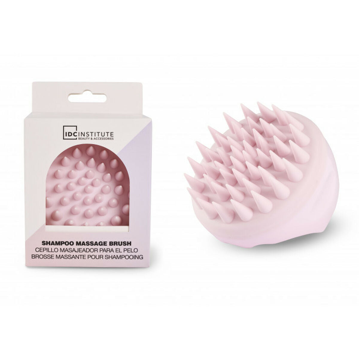 IDC Institute Shampoo Massage Brush in pink packaging, ideal for hair care and scalp massage.