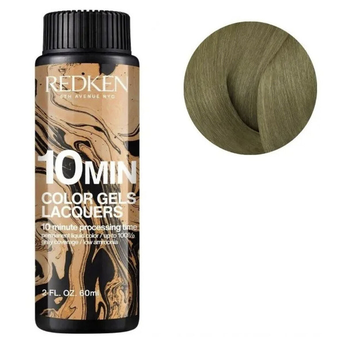 Teinture permanente Redken 10 Min Color Gels Lacquers en tube de 60 ml avec échantillon de couleur olive.