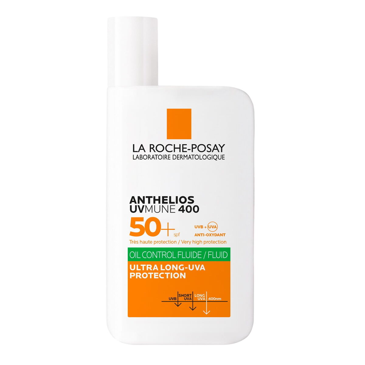 Protecteur solaire La Roche-Posay Anthelios UVMune 400 SPF 50+, flacon de 50 ml pour haute protection solaire.
