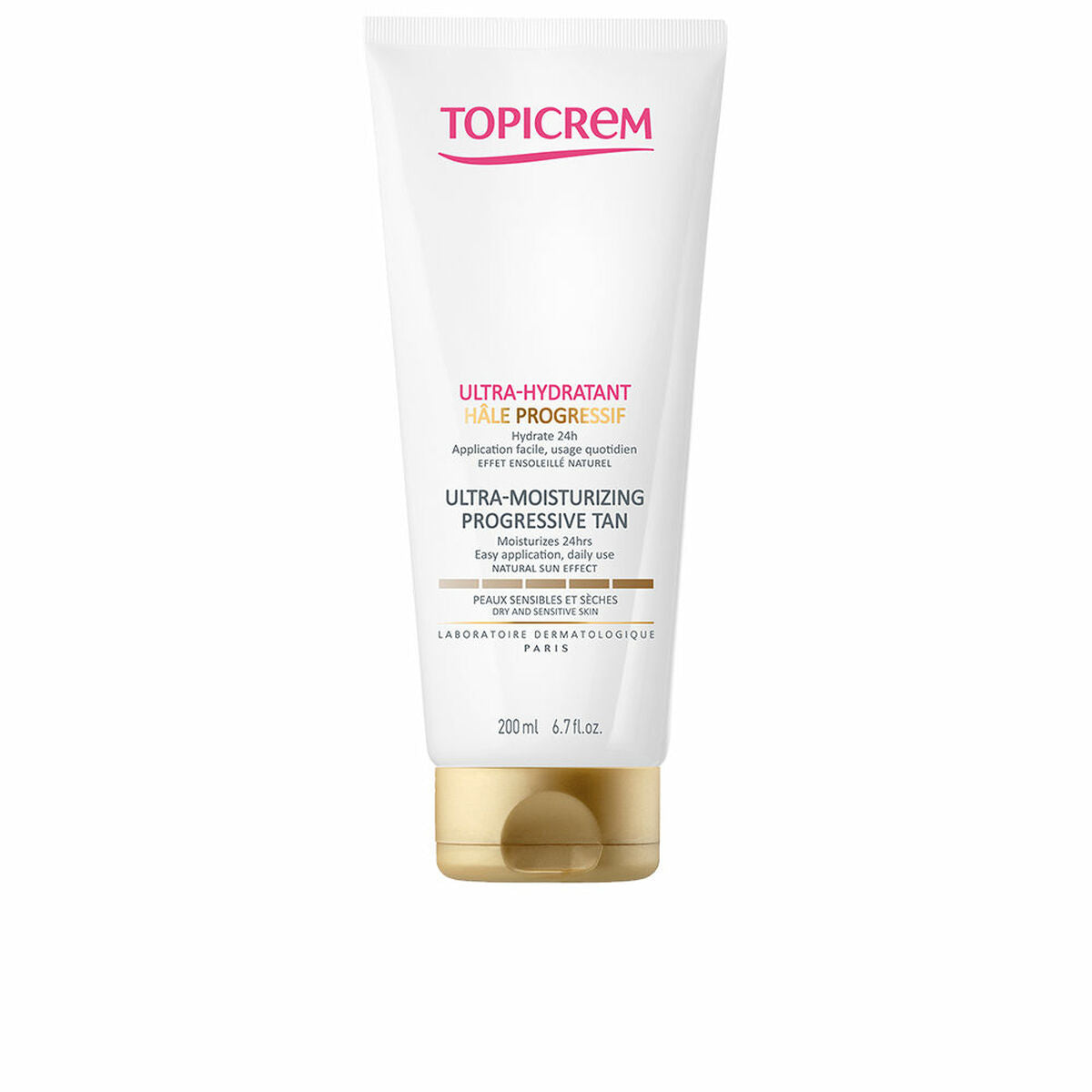 Lotion Corporelle Hydratant Autobronzant Topicrem UH 200 ml pour une peau bronzée et hydratée.