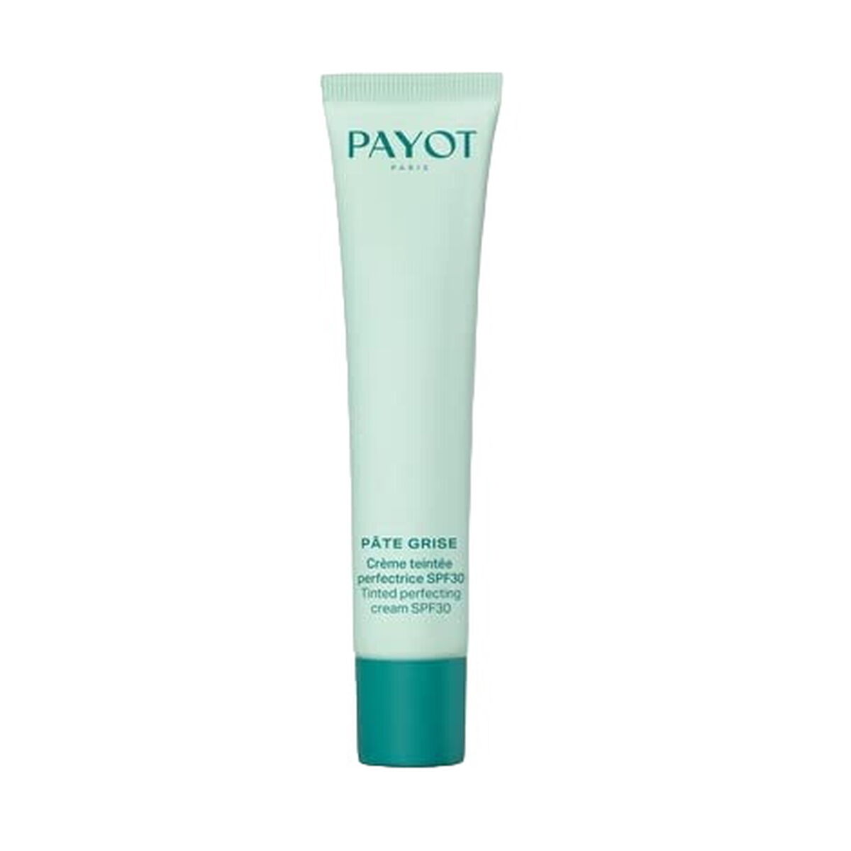 Crème teintée perfectrice SPF30 Payot dans un tube vert, idéal pour un teint unifié et protégé.