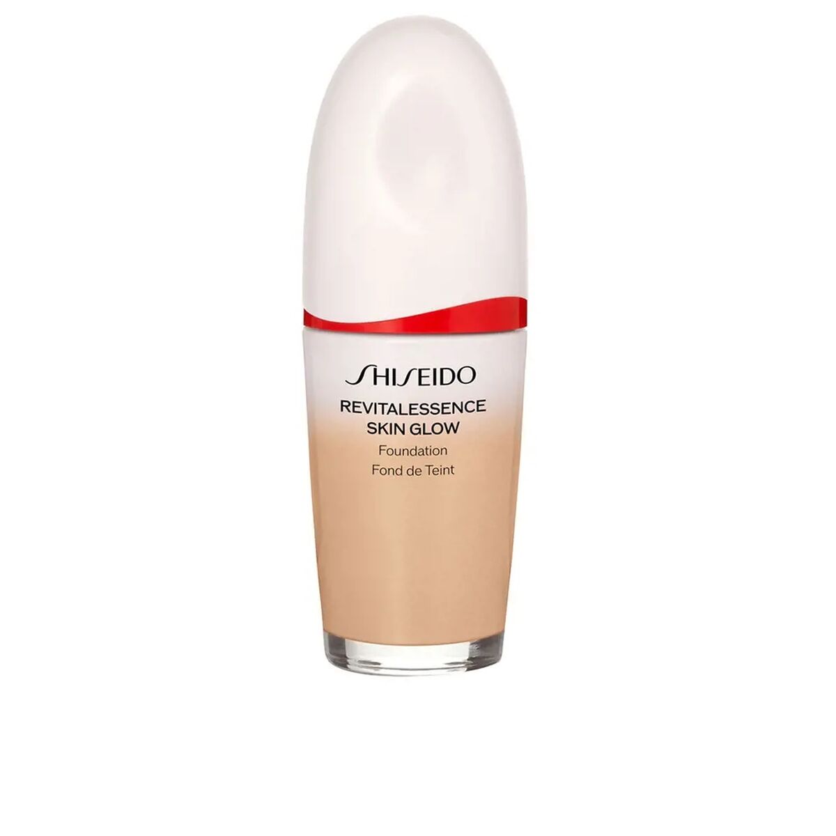 Base de maquillage liquide Shiseido Revitalessence Skin Glow en flacon, finition douce et radiance.