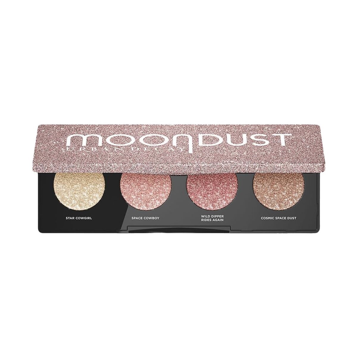 Ombre à paupières Urban Decay Moon Dust avec quatre teintes pailletées dans un packaging rose scintillant.