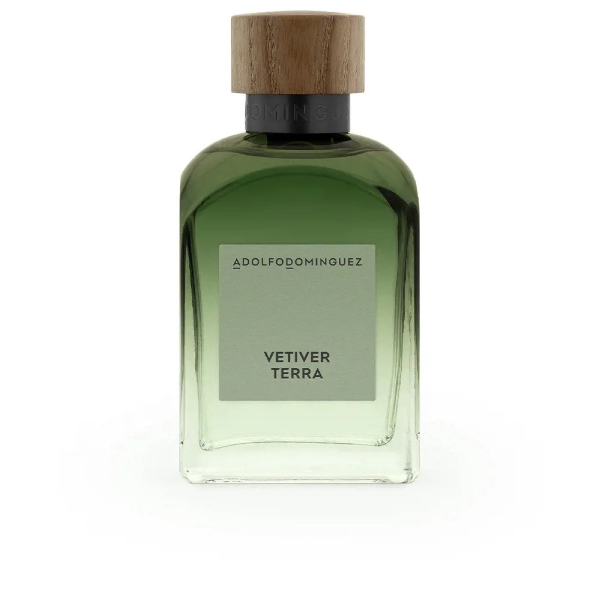 Bouteille de Parfum Homme Adolfo Dominguez Vetiver Terra EDP 120 ml avec un design élégant et capuchon en bois.