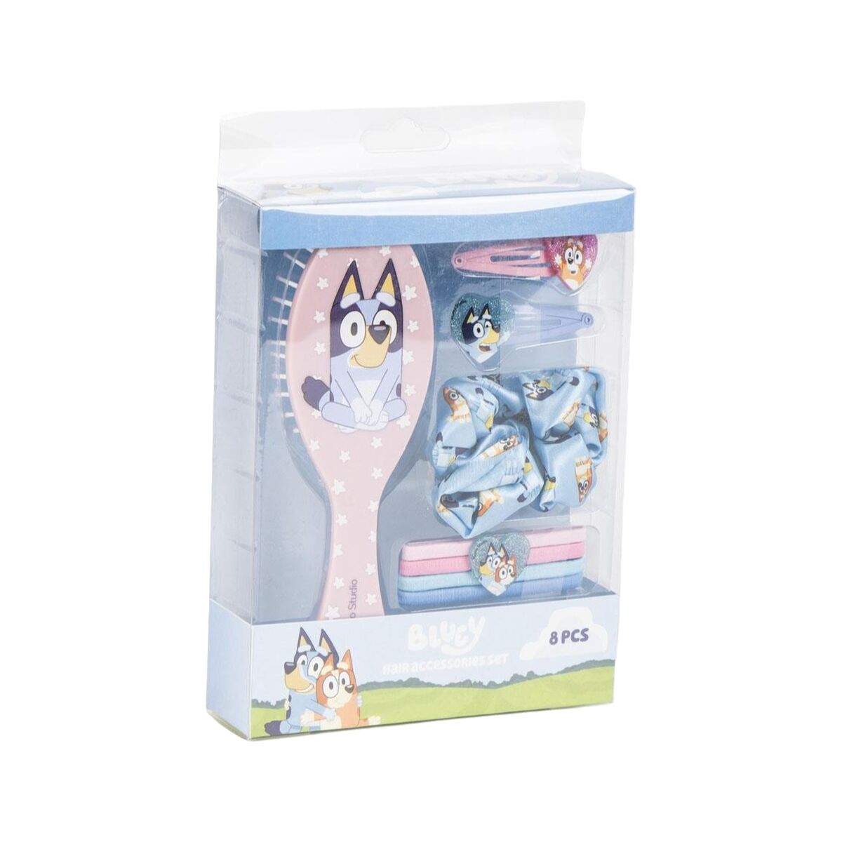 Accessoires pour les Cheveux Bluey Bleu 8 pièces, comprenant une brosse et des barrettes colorées, idéal pour enfants.