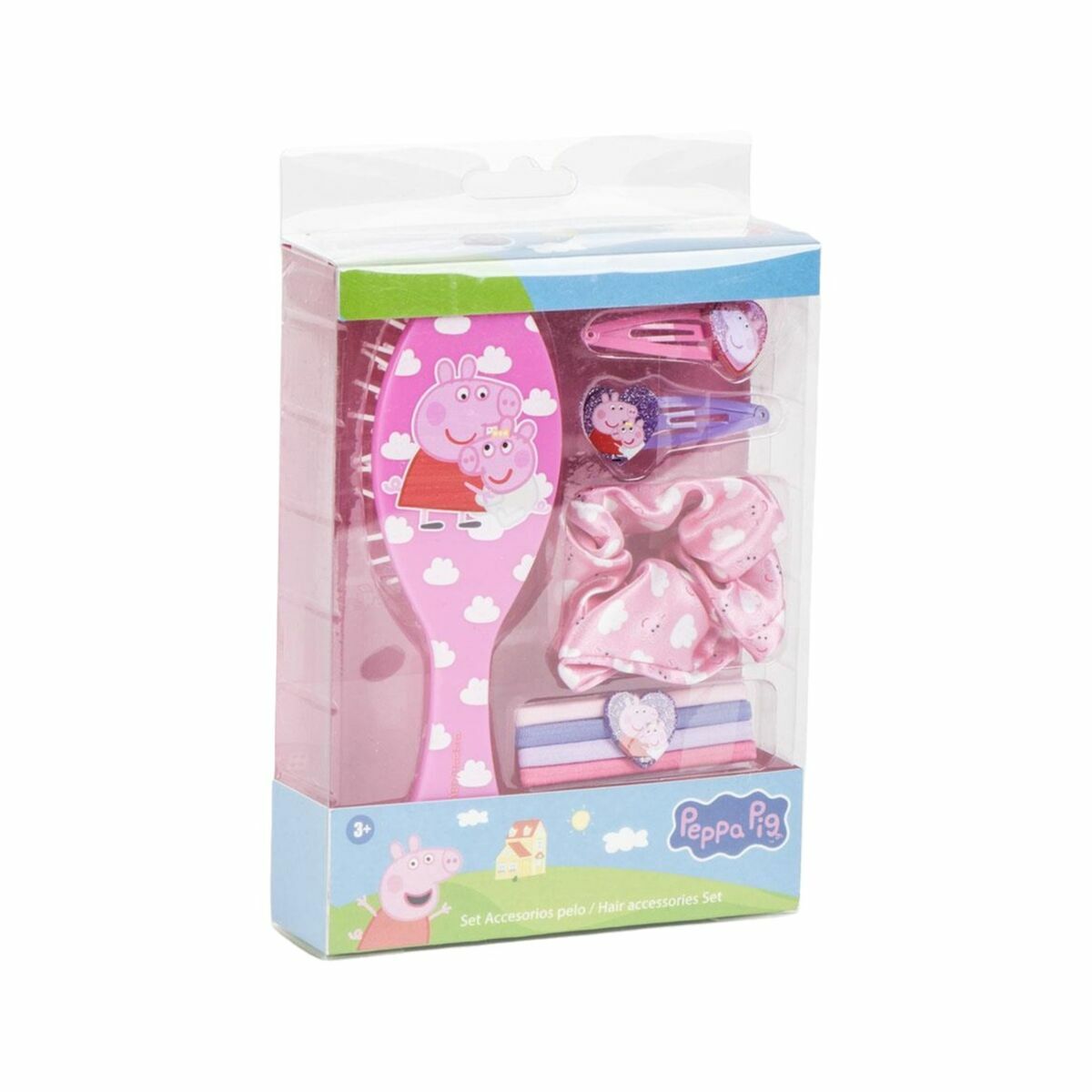 Peppa Pig pink hair accessory set with brush, clips, and scrunchy in packaging, perfect for kids age 3 and up.