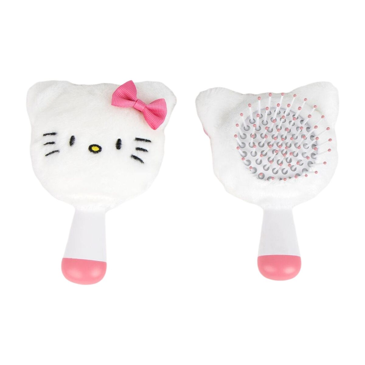 Brosse Démêlante Hello Kitty Blanc avec tête en peluche et poignée rose, idéale pour le coiffage quotidien.