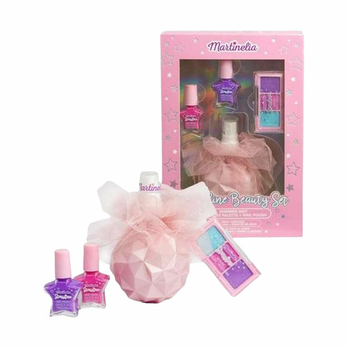 Kit de maquillage pour enfant Martinelia avec vernis à ongles, palette et accessoires, élégant et coloré.