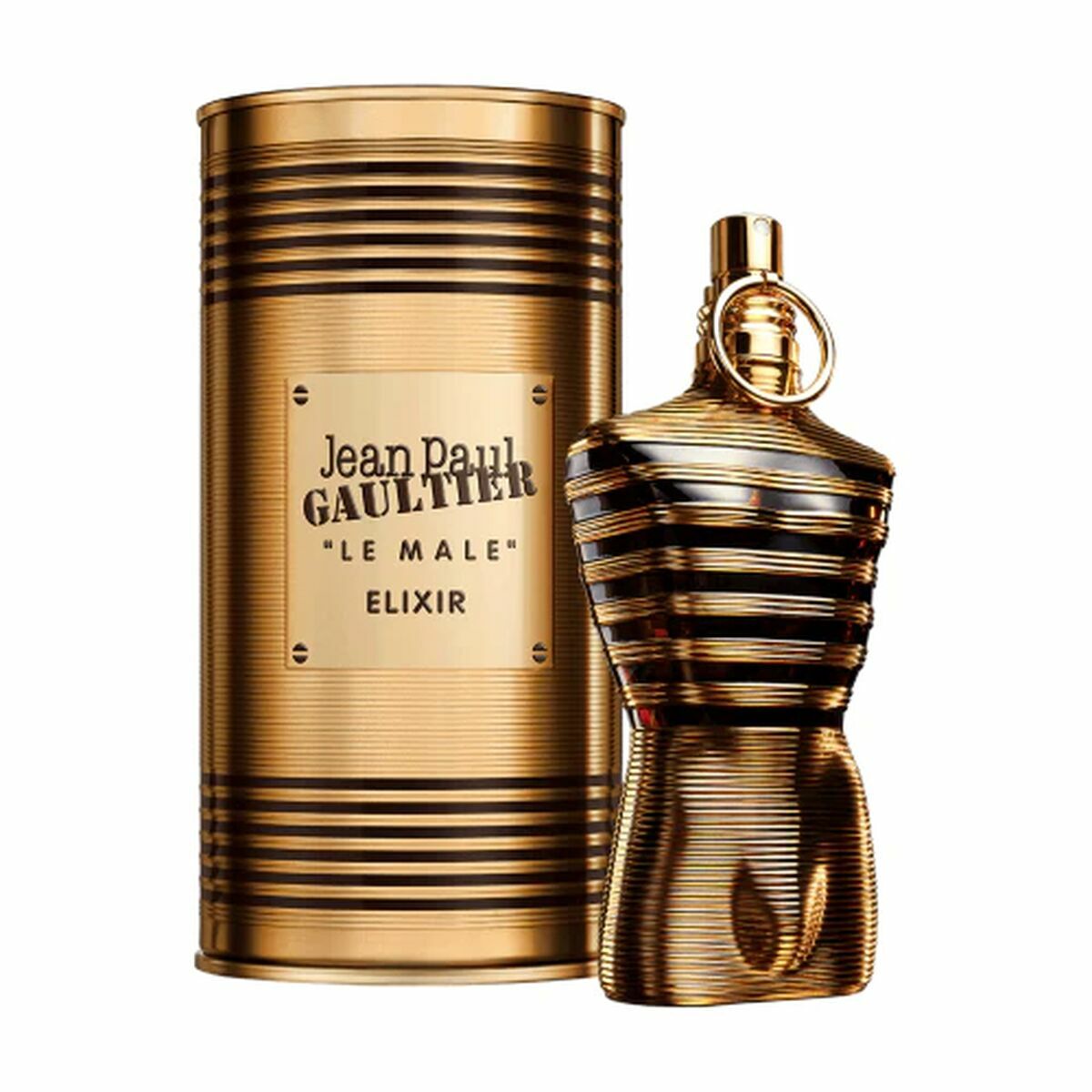 Parfum Jean Paul Gaultier Le Male Elixir 125 ml avec flacon doré et boîte distinctive, parfum homme authentique.