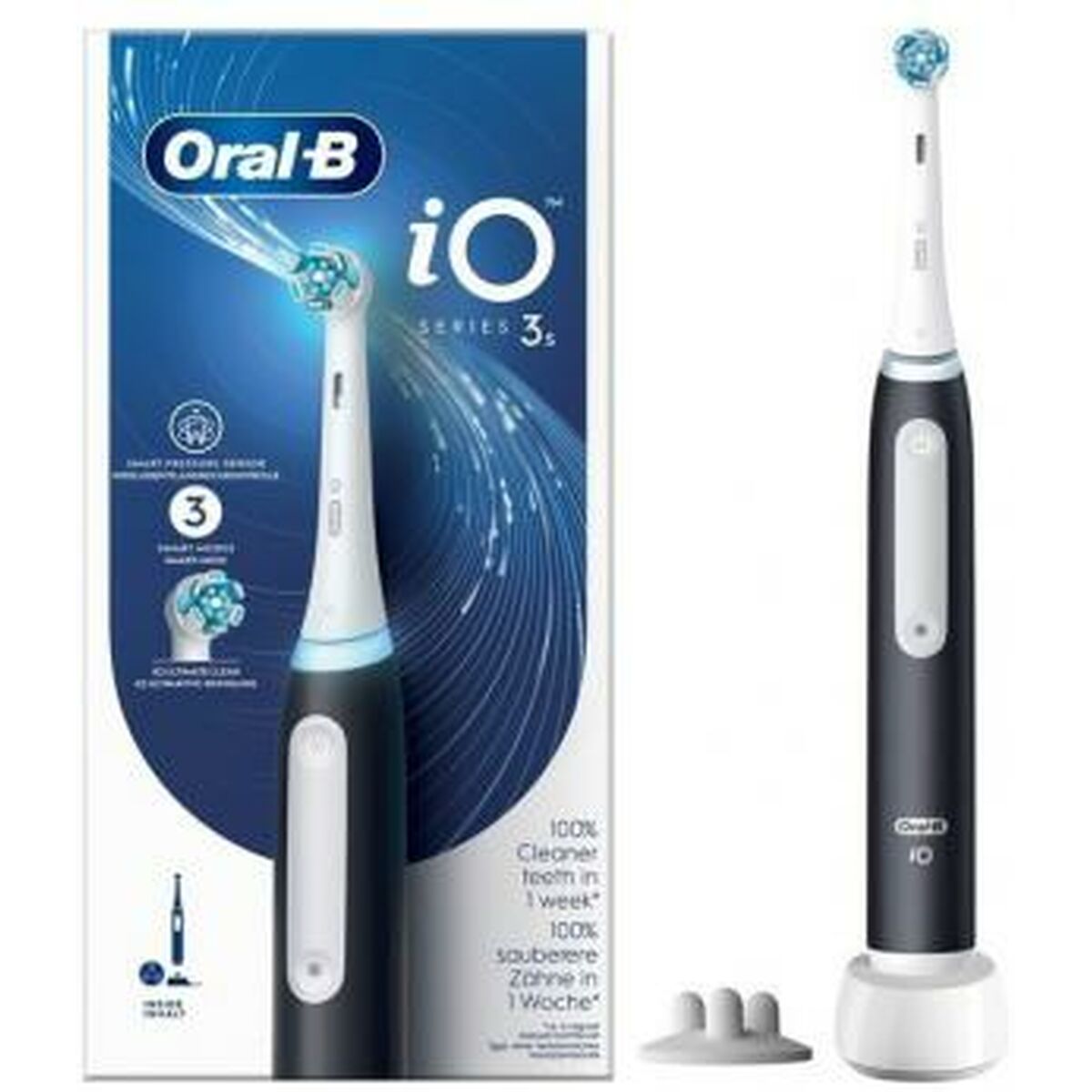 Brosse à dents électrique Oral-B IO3, rechargeable, écran LED, avec chargeur et tête de rechange, design noir.