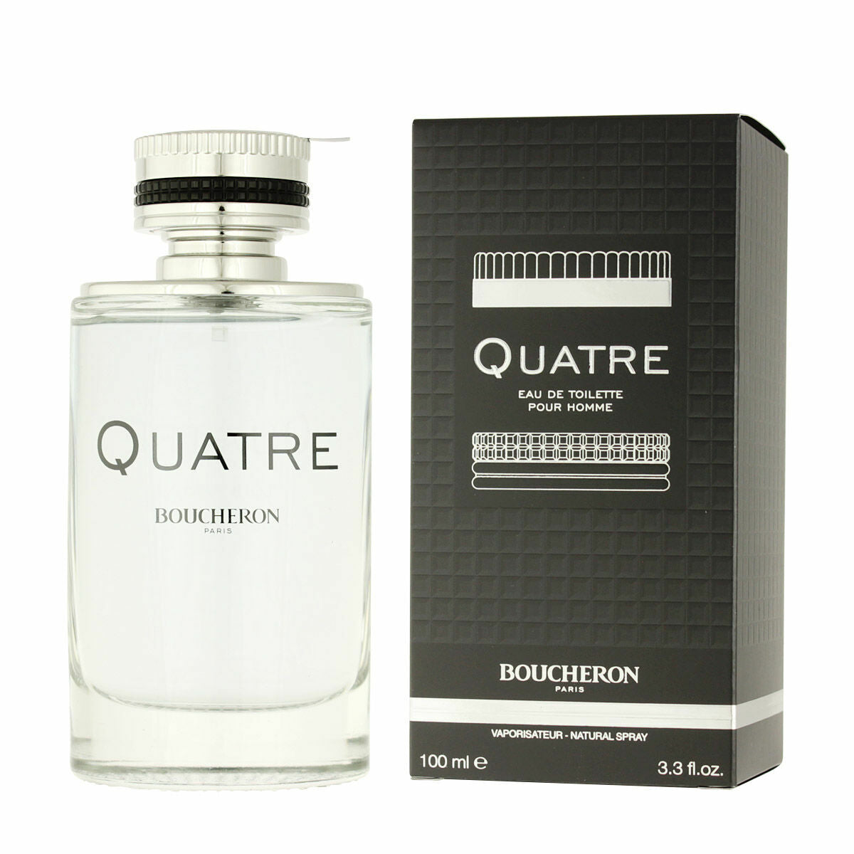 Boucheron Quatre Pour Homme EDT 100 ml bottle and packaging, elegant men's fragrance for lasting impressions.
