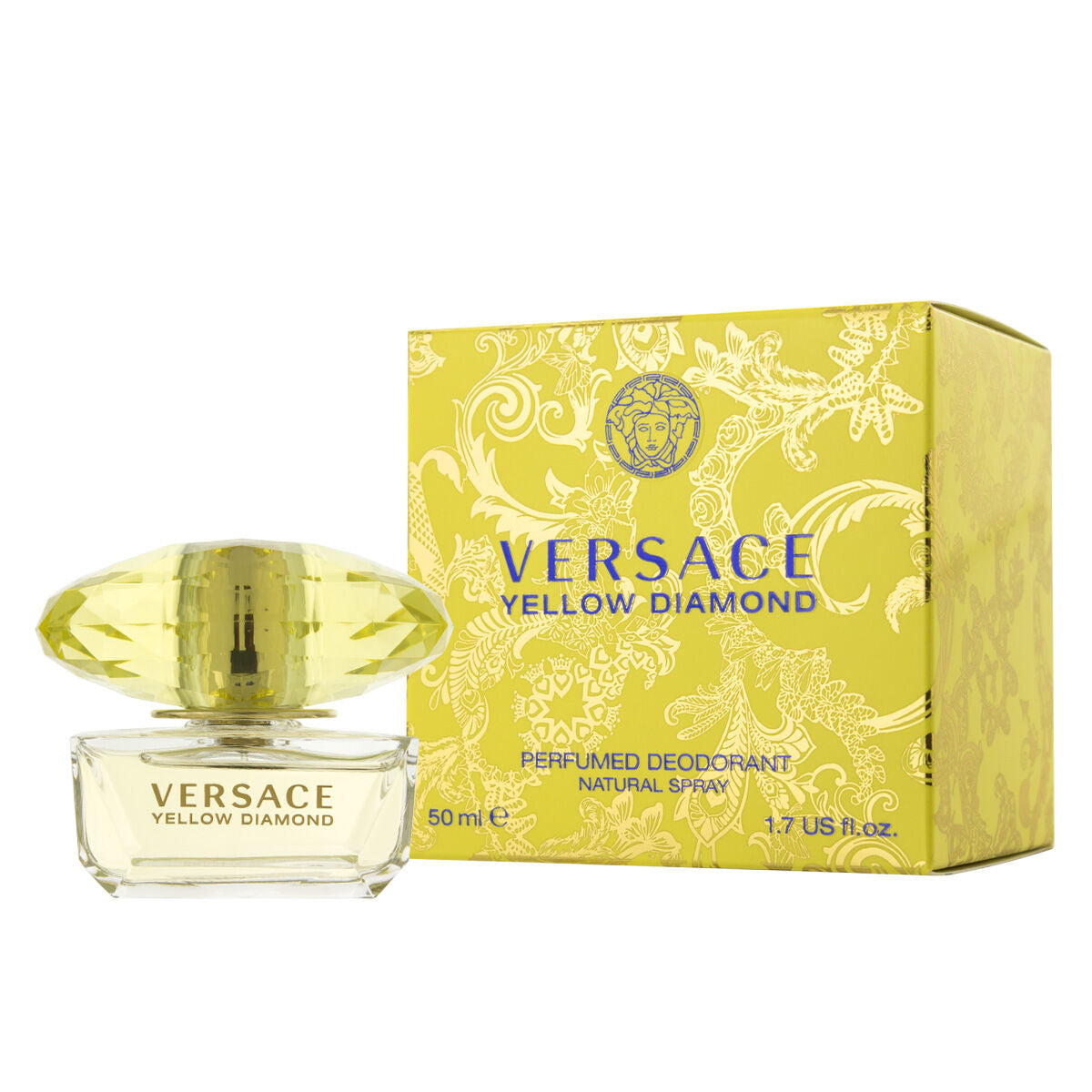 Spray déodorant Versace Yellow Diamond en flacon de 50 ml avec emballage doré, parfum pour femme et homme.